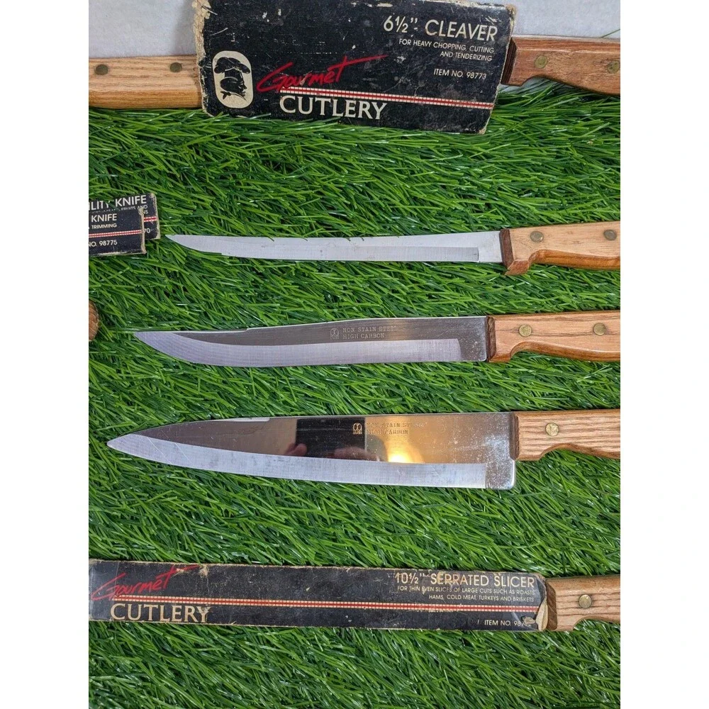 5PC Vintage GOURMET CUTLERY Kitchen KNIVES High Carbon  Wood Handles Made Japan